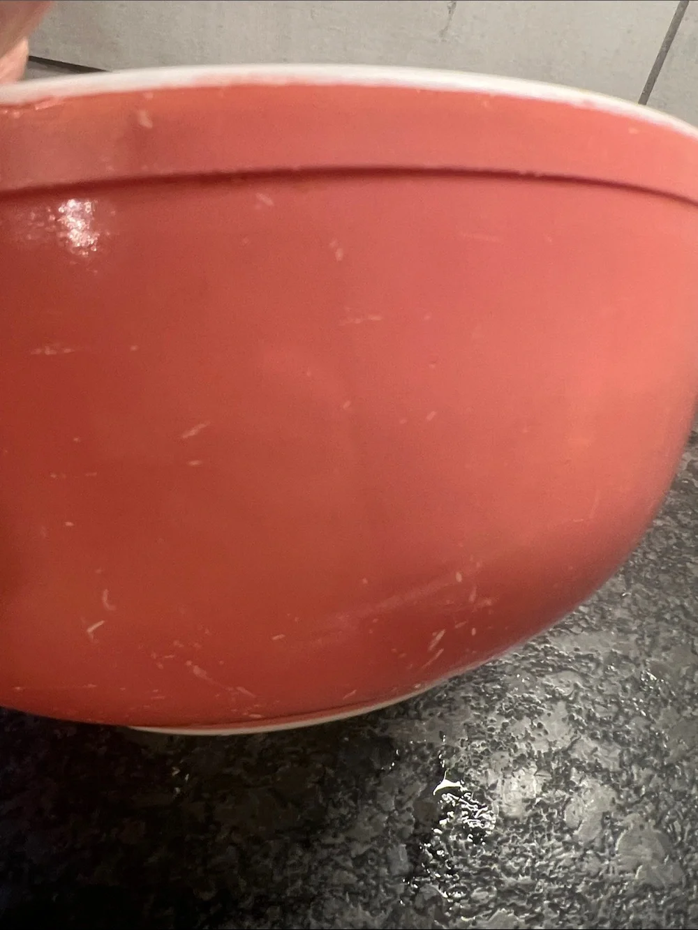 404 Vintage Pyrex Coral Pink  Mixing Bowl with White Interior.